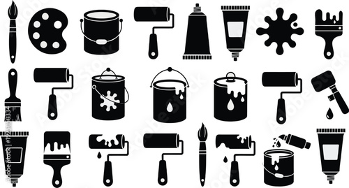 Art Supplies Icons: A collection of various art supplies icons, meticulously crafted in a monochromatic style, perfect for use in design projects related to art, painting, or creativity. 