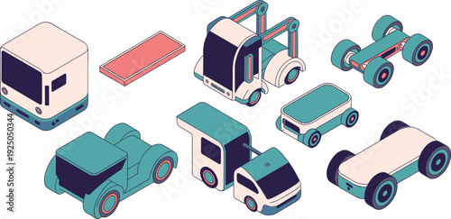 Isometric autonomous vehicle components set, futuristic self driving car chassis platforms and delivery robots for smart mobility technology concept