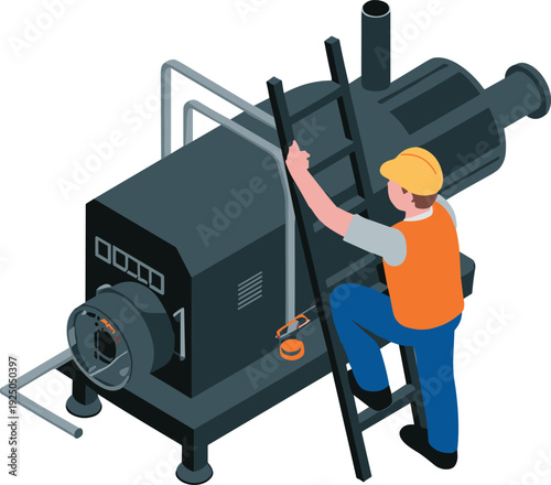 Isometric industrial technician repairing factory generator machine, maintenance worker performing mechanical inspection and equipment service in manufacturing plant