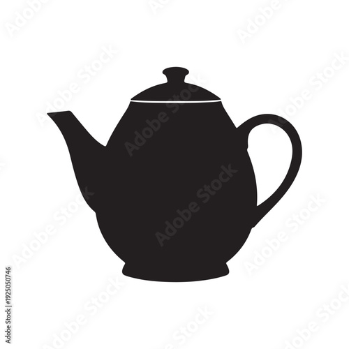 Simple black teapot silhouette with lid and handle on white background for design and illustration use