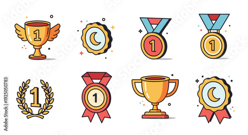 A collection of trophies, medals, and awards in colorful flat vector style, ideal for achievement recognition and celebration themes