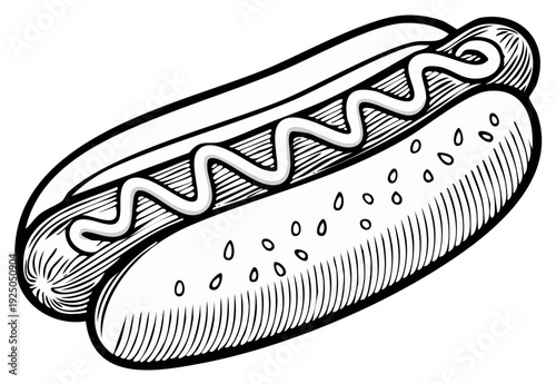 Line art of hotdog in bun with mayonnaise engraving style fast food illustration