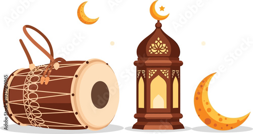 Celebration of Ramadan with traditional drum and lantern amidst crescent moons in a festive illustration
