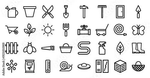 Garden maintenance and landscaping tools monoline pictograms. Minimalist thick stroke outline icons for organic farming, backyard horticulture, and DIY planting.