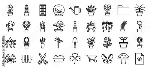 Gardening and botanical outline symbols for landscaping apps. Professional monoline pictograms featuring indoor plants, floral care, and horticulture tools.