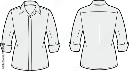 Flat fashion CAD illustration of women’s casual button-up shirt with collar, rolled sleeves, back yoke, and curved hem detail