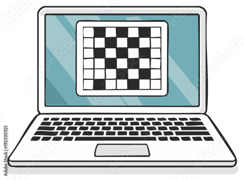 Laptop displaying a digital chessboard with black and white squares, representing strategy and online gaming