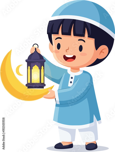 A smiling young boy in traditional attire holding a lantern and a crescent moon, celebrating a festive occasion with joy and enthusiasm