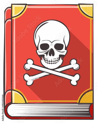 Magic Spellbook Illustration with Skull and Crossbones Symbol in Red and Gold