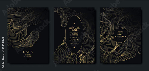 Luxury gala invitation, black background, elegant gold floral line pattern with leaves, branches. Premium vector design for wedding invitations, gala dinners, anniversary or birthday cards