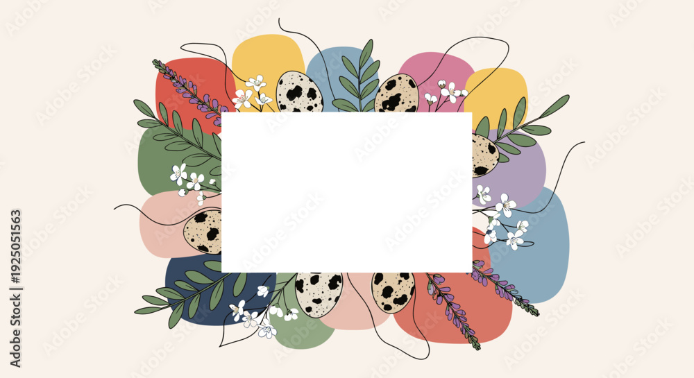 Fototapeta premium A decorative frame featuring colorful Easter eggs and flowers in a modern vector style, ideal for holiday greetings and invitations