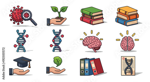 A collection of educational and scientific icons including DNA strands, a brain, books, and a graduation cap in a colorful vector style, perfect for educational materials and science projects