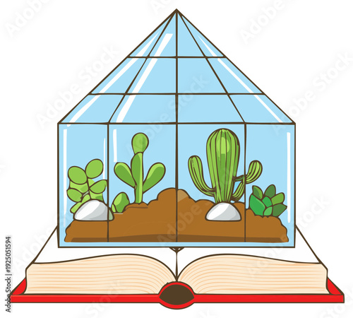 Geometric glass terrarium with assorted cacti and succulents atop an open red book cartoon illustration