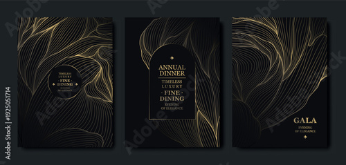 Luxury gala invitation, black background, elegant gold floral line pattern with leaves, branches. Premium vector design for wedding invitations, gala dinners, anniversary or birthday cards