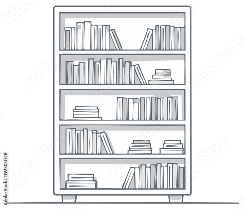 Bookshelf illustration with books and stacks, line art, simple graphic
