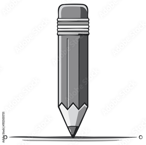 Cartoon drawing of gray pencil with eraser and sharp tip, symbol of writing