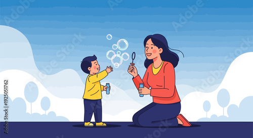 Mother and child playing with bubbles outdoors.