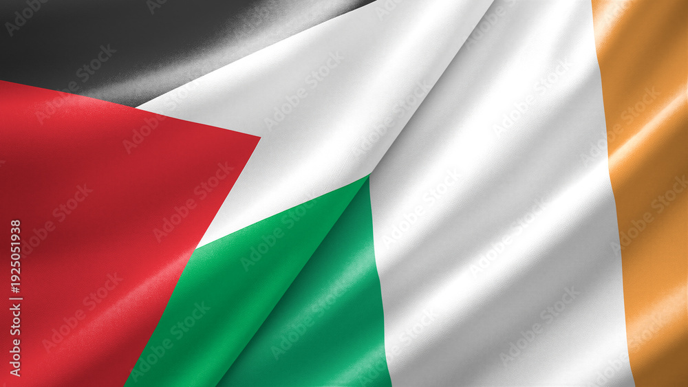 Obraz premium Palestine and Ireland two national flags filling the entire frame, close-up view, edge-to-edge composition