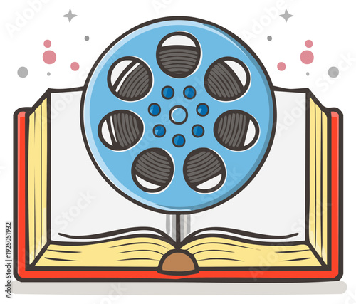 Open Story Book with Movie Film Reel Cartoon Drawing for Cinema and Education