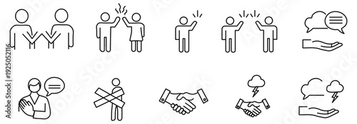 Business Communication Line Icons – Teamwork Meeting Outline Vector Set