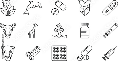 Veterinary and medical line icons set with animals pills syringe vaccine healthcare treatment vector collection