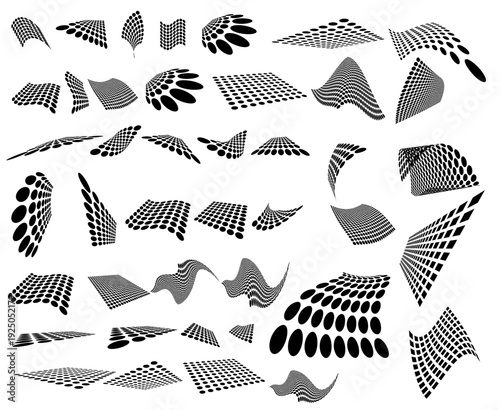 Abstract Black Halftone Dot Patterns and Geometric Wave Textures Set