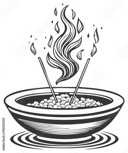 Illustration of burning incense sticks in a decorative bowl with flames rising