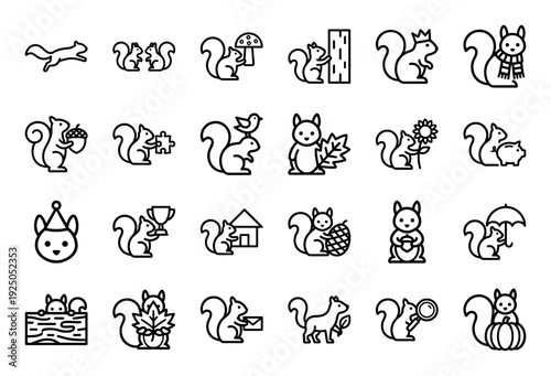 Playful squirrel character illustrations for autumn branding and woodland infographics. Minimalist monoline pictograms featuring forest animals with acorns, mushrooms, and seasonal elements.