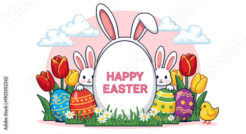 A cheerful Easter scene featuring cute bunnies, colorful decorated eggs, tulips, and a chick in a vibrant vector style, perfect for holiday greetings and decorations