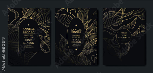 Luxury gala invitation, black background, elegant gold floral line pattern with leaves, branches. Premium vector design for wedding invitations, gala dinners, anniversary or birthday cards