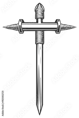 Stylized medieval cross weapon with spiked ends and central bar, vintage engraving style