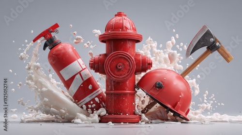 Fire safety equipment collection with hydrants axe helmet and extinguisher