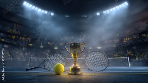 Tennis tournament championship trophy and equipment under stadium lights