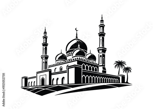 Islamic Mosque with Palm Tree Silhouette – Ramadan Kareem Arabic Architecture Vector