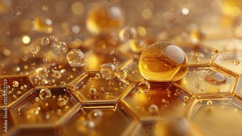 Abstract macro view of golden liquid droplets and hexagonal pattern