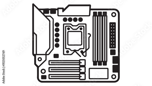 Line art illustration of a computer motherboard and its key components