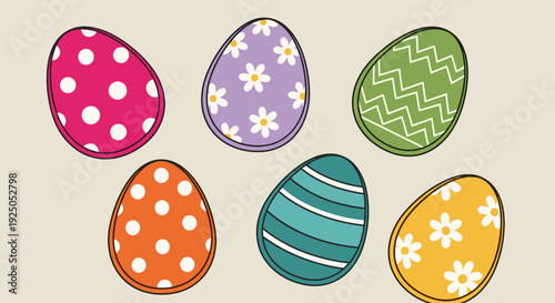 A collection of six colorful decorated Easter eggs in a flat modern vector style, perfect for spring holiday designs