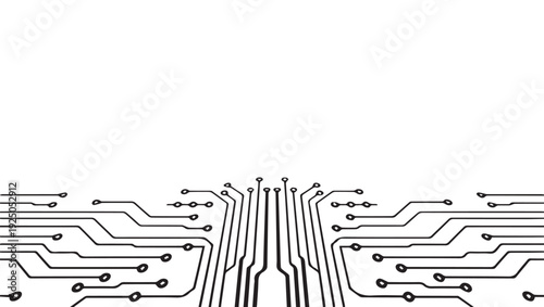 Abstract circuit board pattern with interconnected lines and nodes on white background