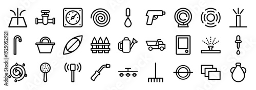 Professional landscaping and irrigation system line icons for gardening maintenance. Technical monoline pictograms featuring water control, agricultural tools, and outdoor plumbing elements.