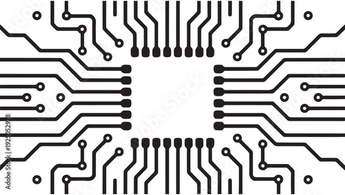 Abstract representation of a complex electronic circuit board design in black and white