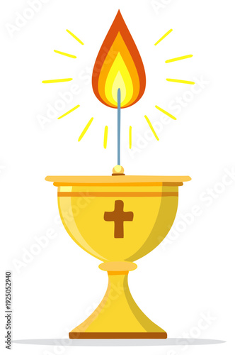 Golden Chalice with Burning Candle and Cross Decoration for Church Service and Religious Ceremony