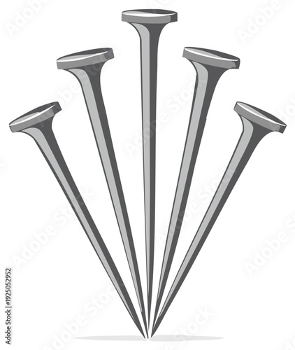 Five metallic construction nails fanned out in a symmetrical upward pointing arrangement