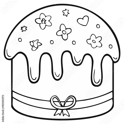 Simple Outline Drawing of a Decorated Easter Cake with Icing and Flowers