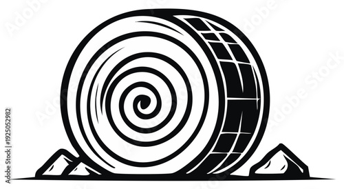 Rolling Boulder Icon Graphic Design, Spiral Center, Gridded Edge, Stylized, Geometric Formation. Landslide Concept