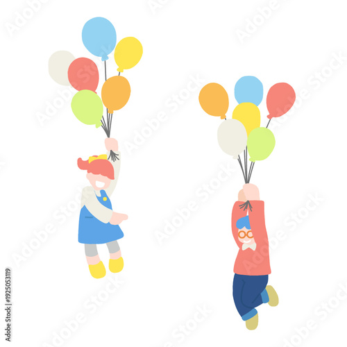 風船につかまって飛ぶこども2人のフラットなイラスト
