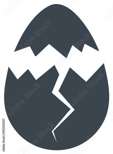 Abstract dark grey cracked egg silhouette with geometric fragments breaking apart