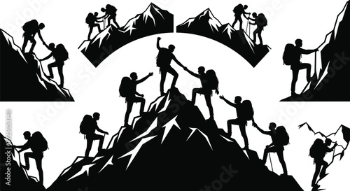 Mountain climbers silhouettes helping each other reach summit teamwork adventure hiking expedition vector illustration isolated on white background