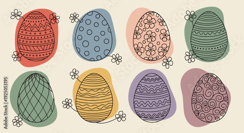 A collection of decorative Easter eggs in pastel colors with floral designs and patterns in modern vector style, ideal for spring celebrations and holiday-themed graphics