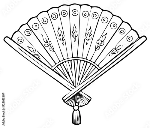 Ornate folding hand fan with a tassel. Black and white line art illustration for coloring book.