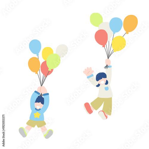 風船につかまって飛ぶこども2人のフラットなイラスト